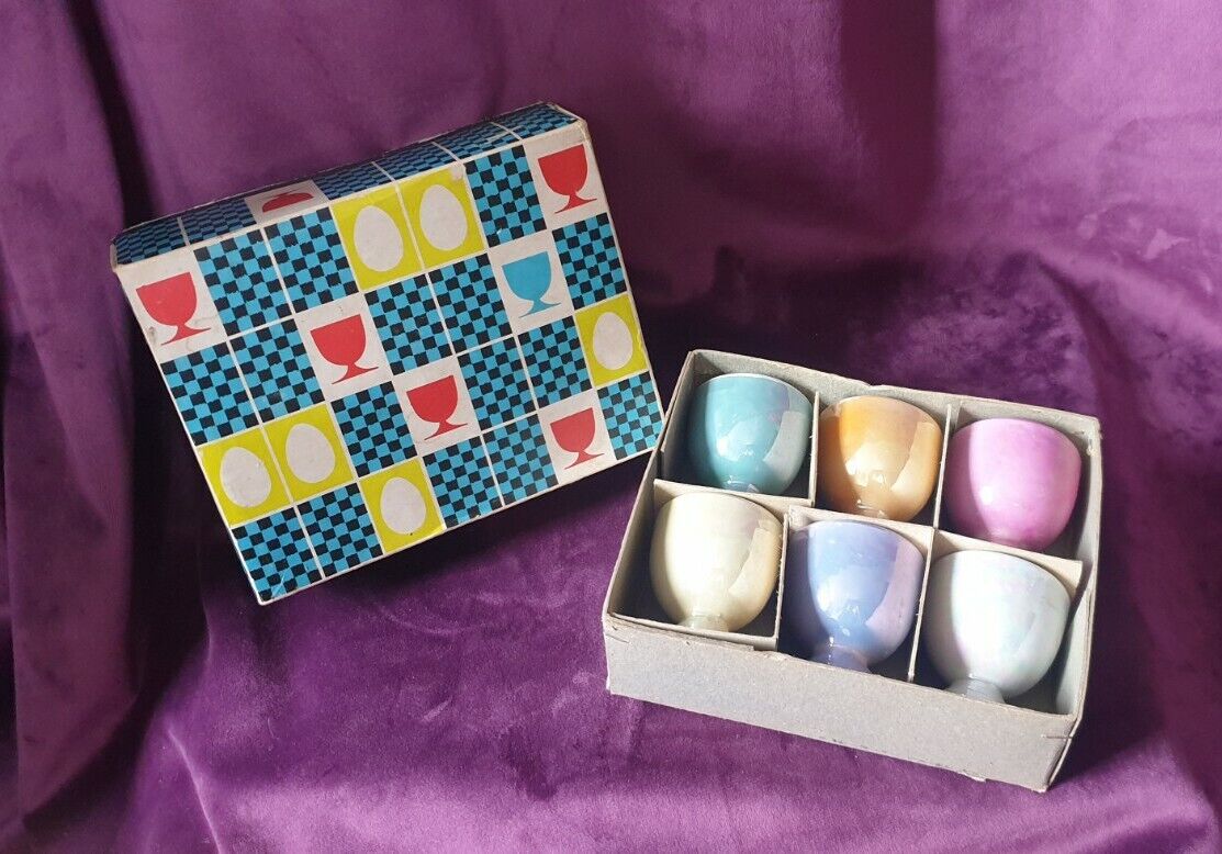 Vintage MCM Lustreware Multi-coloured Egg Cups in Original Box