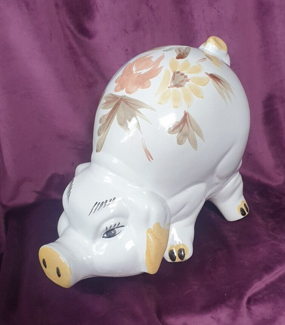 Vintage Jumbo Hand-Painted Ceramic Folk Art Style Piggy Bank