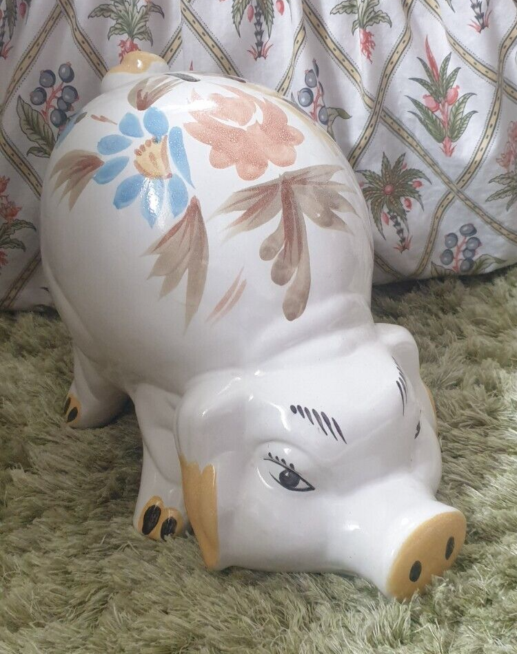 Vintage Jumbo Hand-Painted Ceramic Folk Art Style Piggy Bank