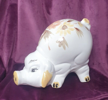 Vintage Jumbo Hand-Painted Ceramic Folk Art Style Piggy Bank