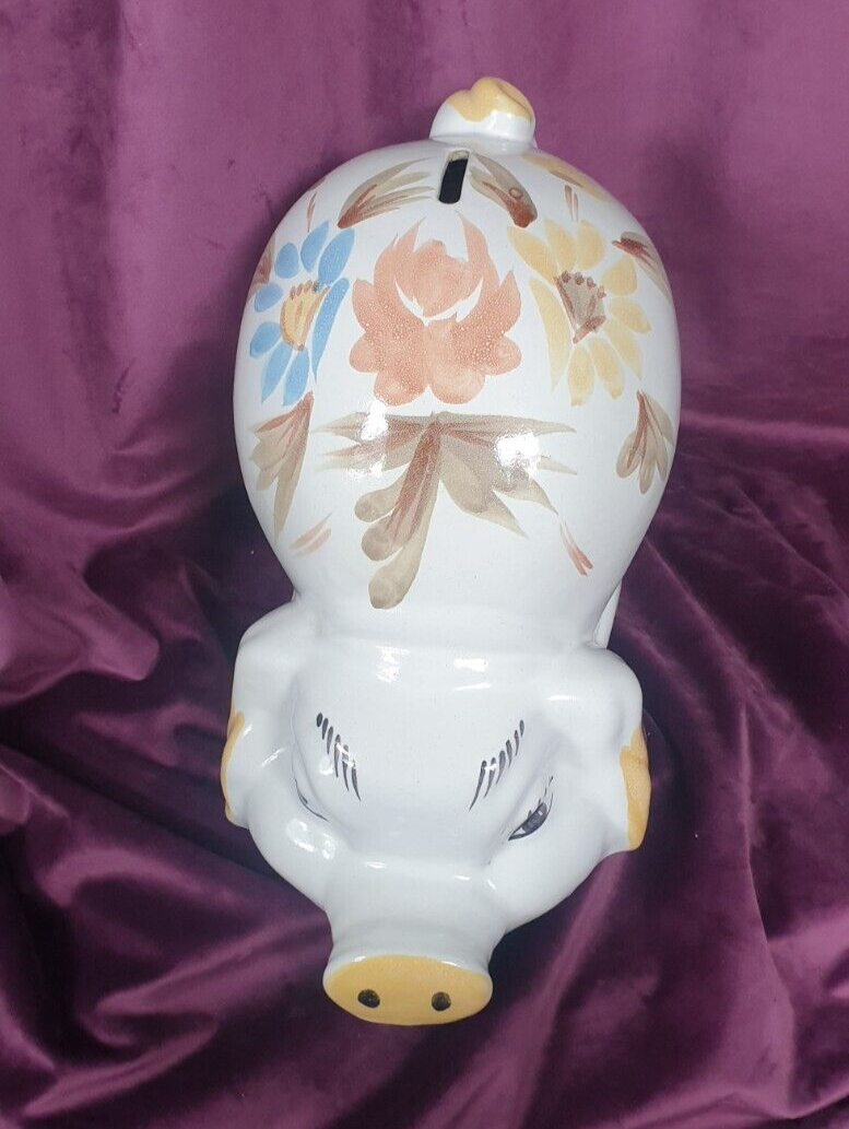 Vintage Jumbo Hand-Painted Ceramic Folk Art Style Piggy Bank