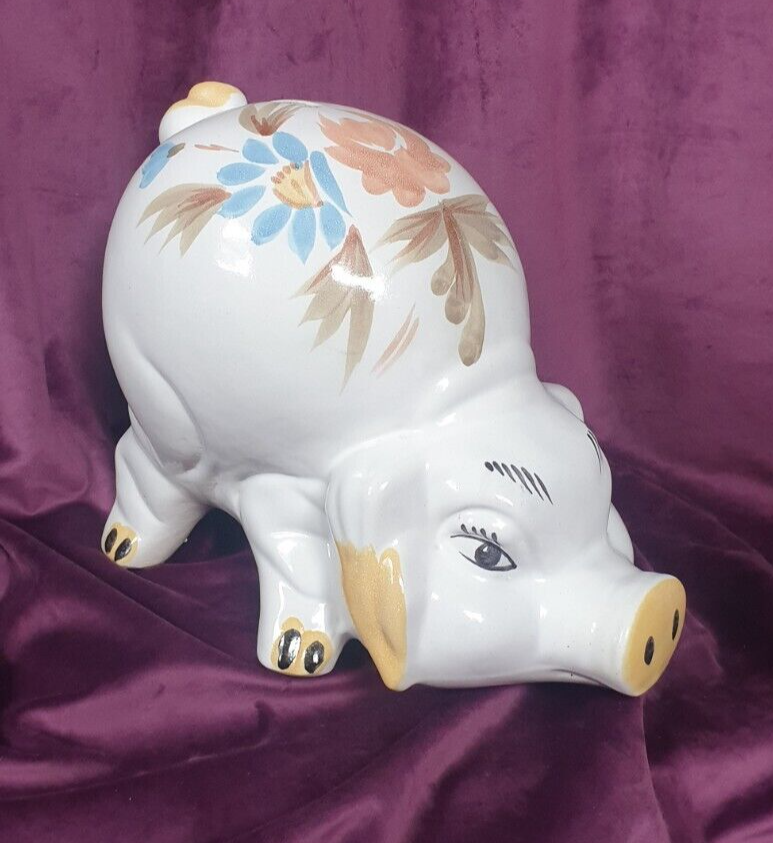 Vintage Jumbo Hand-Painted Ceramic Folk Art Style Piggy Bank