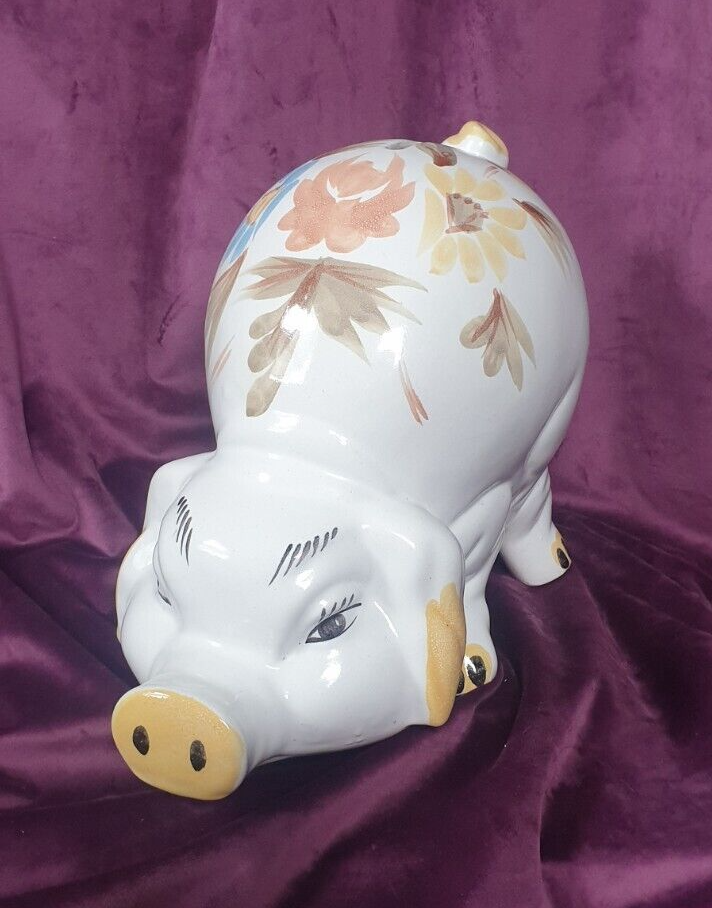Vintage Jumbo Hand-Painted Ceramic Folk Art Style Piggy Bank