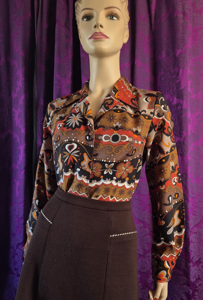 Vintage 1970s Qiana Psychedelic Print Blouse