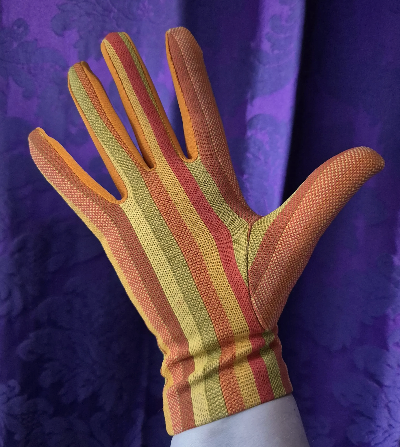 Vintage 1970s Groovy Orange Vertical Striped Gloves