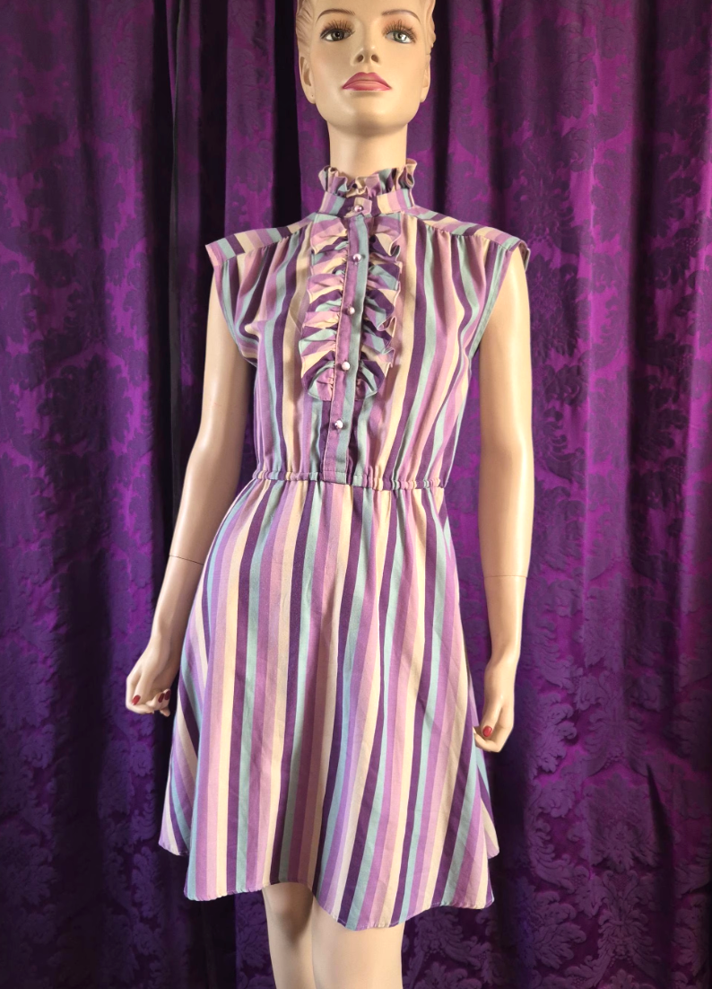 Vintage 1980s Lavender Stripe Ruffled Front Skater Dress