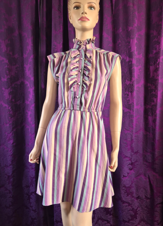 Vintage 1980s Lavender Stripe Ruffled Front Skater Dress