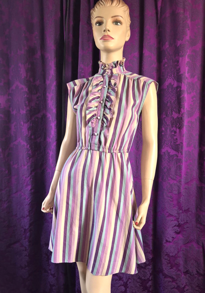 Vintage 1980s Lavender Stripe Ruffled Front Skater Dress