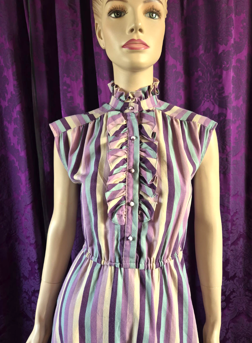 Vintage 1980s Lavender Stripe Ruffled Front Skater Dress