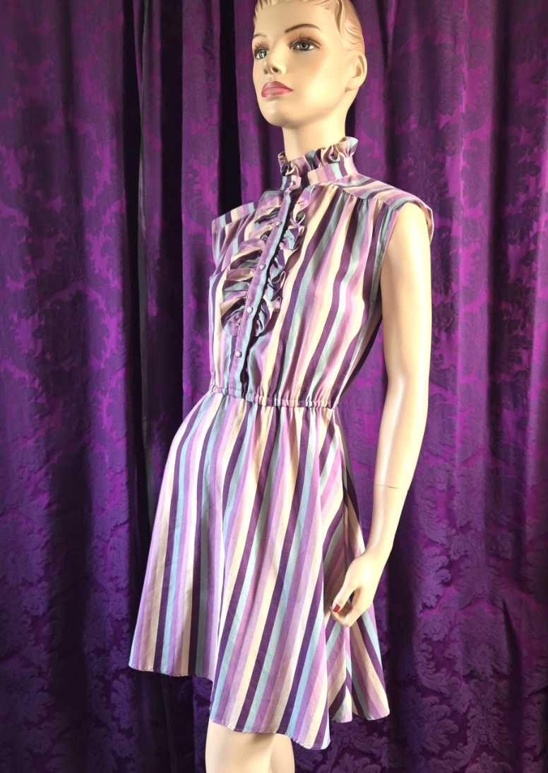 Vintage 1980s Lavender Stripe Ruffled Front Skater Dress