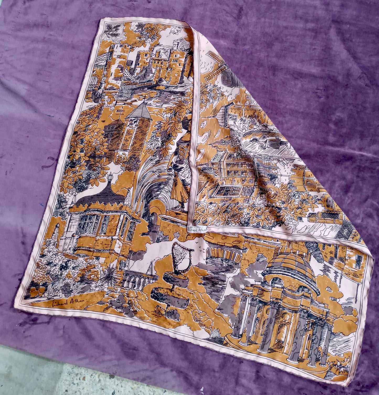 Vintage Richard Allan Silk Pastoral Scene Scarf