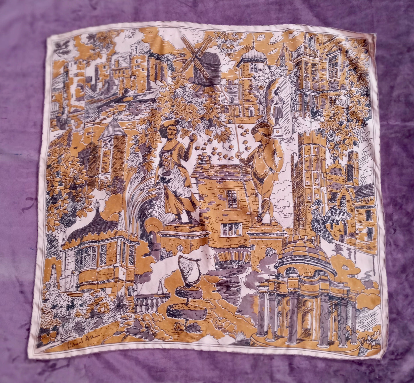 Vintage Richard Allan Silk Pastoral Scene Scarf