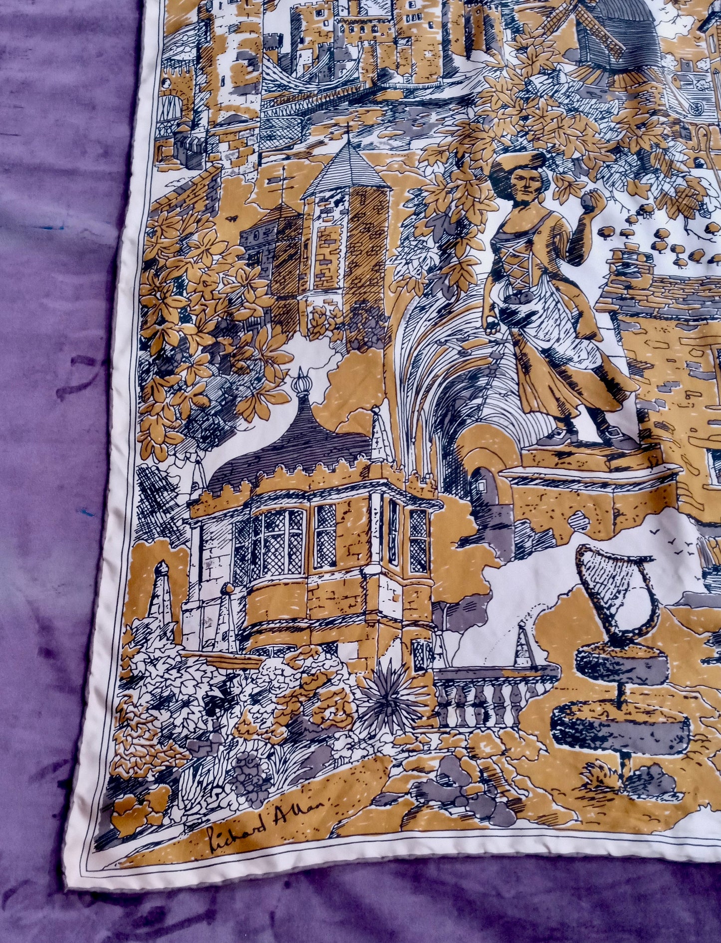 Vintage Richard Allan Silk Pastoral Scene Scarf