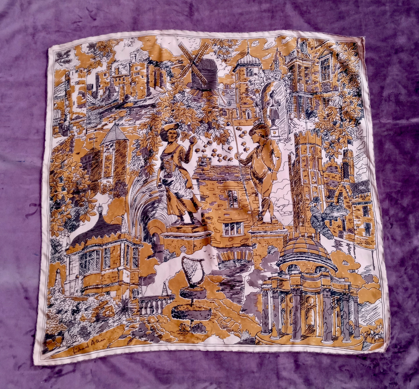 Vintage Richard Allan Silk Pastoral Scene Scarf