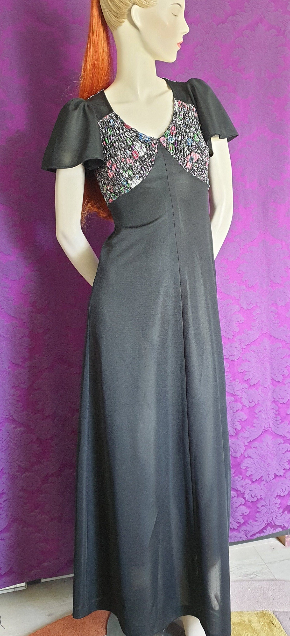 Vintage 1970s Maxi Gown with Lurex Floral Bodice