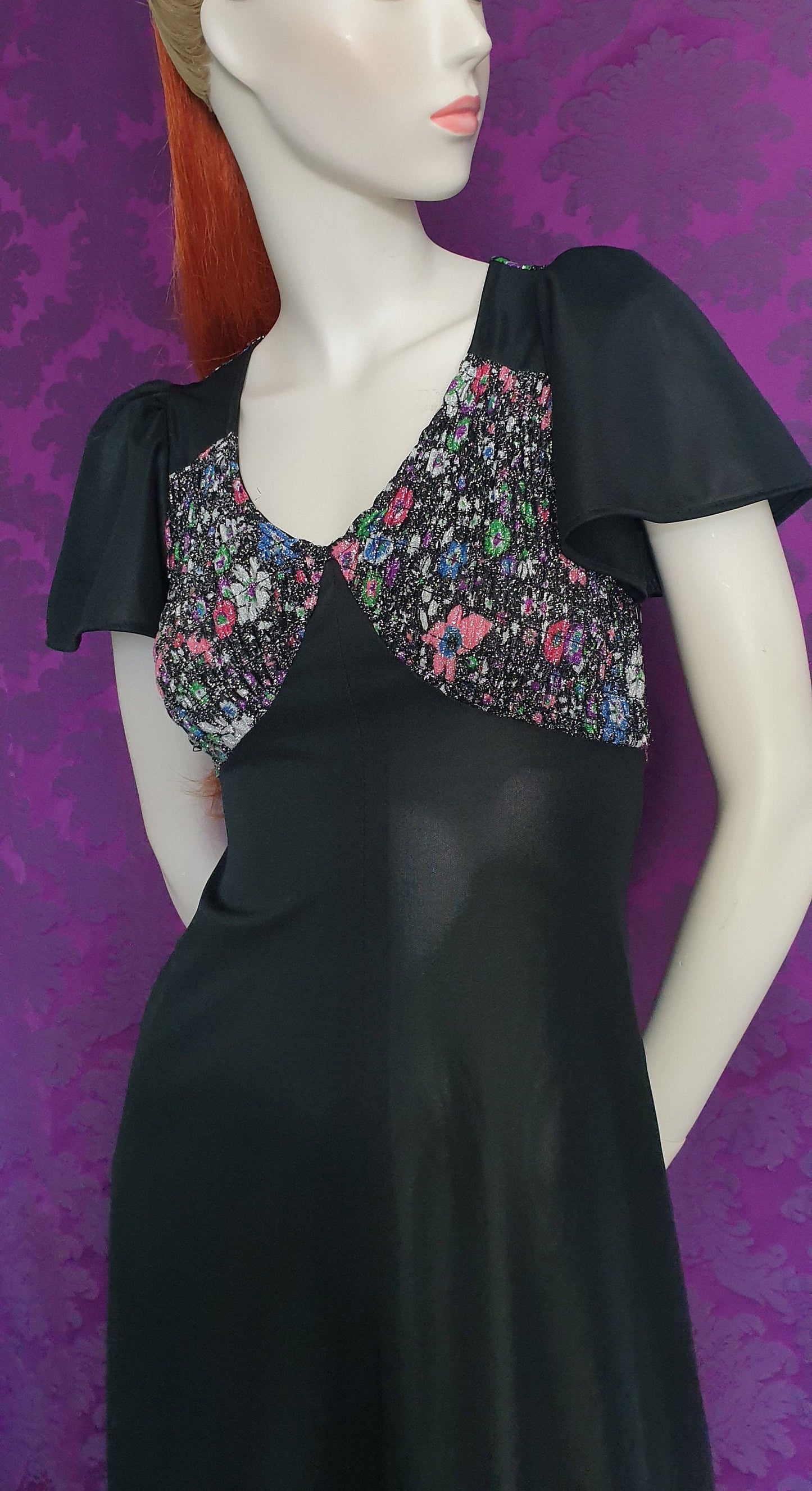 Vintage 1970s Maxi Gown with Lurex Floral Bodice