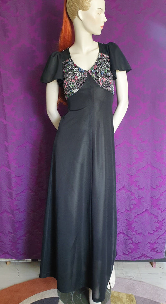 Vintage 1970s Maxi Gown with Lurex Floral Bodice