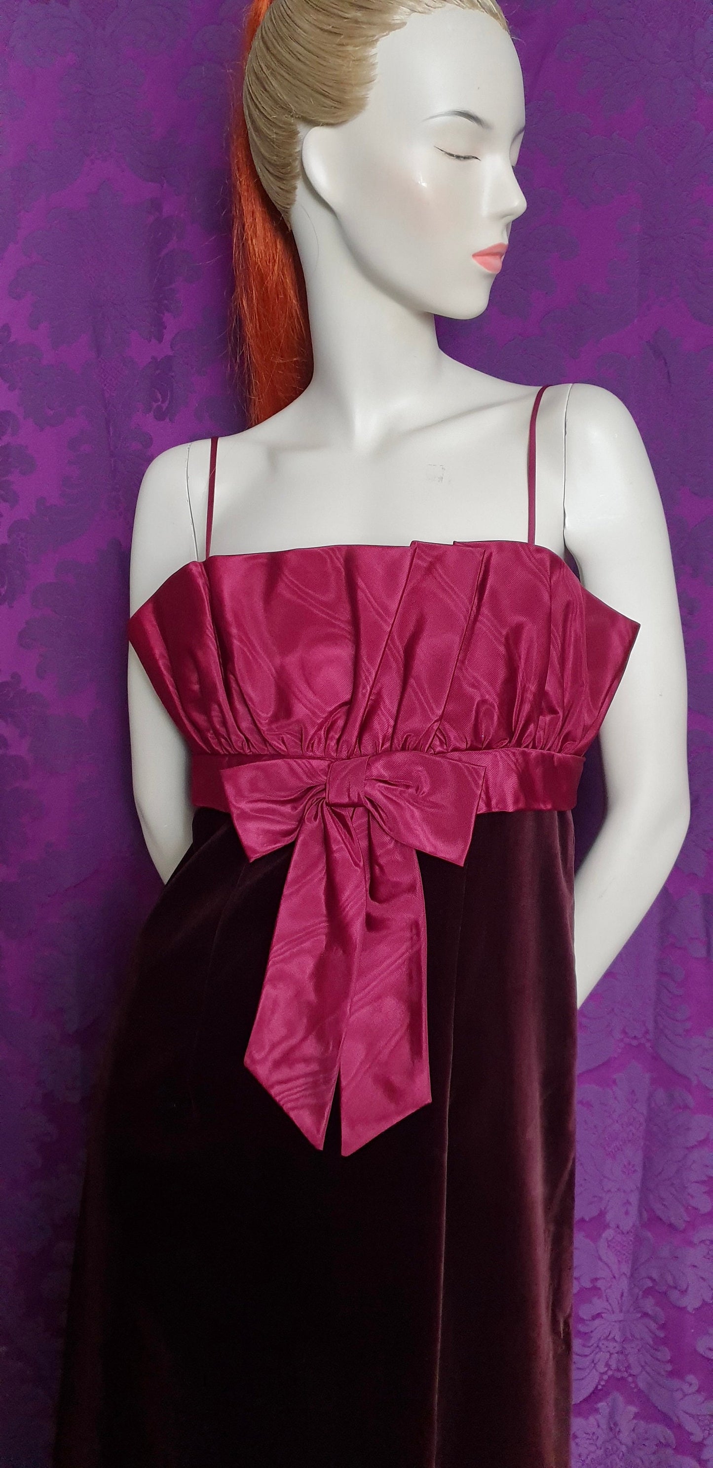 Vintage 1980s Maroon Velvet Ruffle and Bow Cocktail Dress