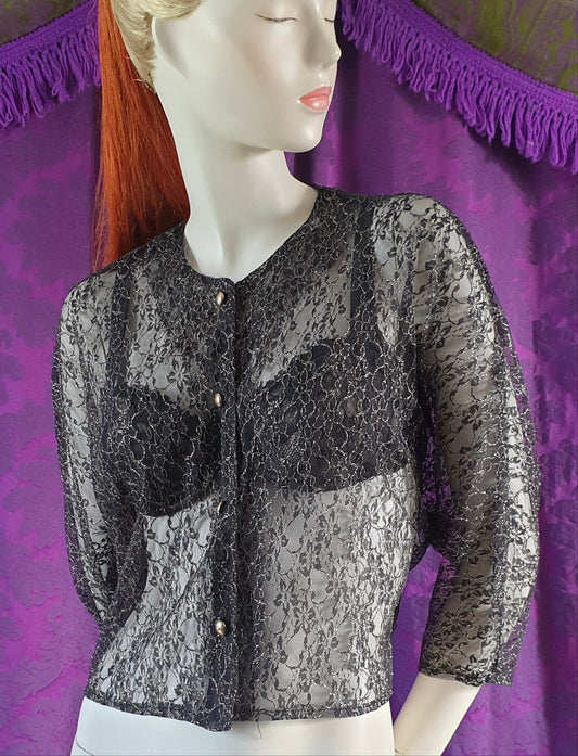 Vintage 1980s Black & Gold Lace Blouse