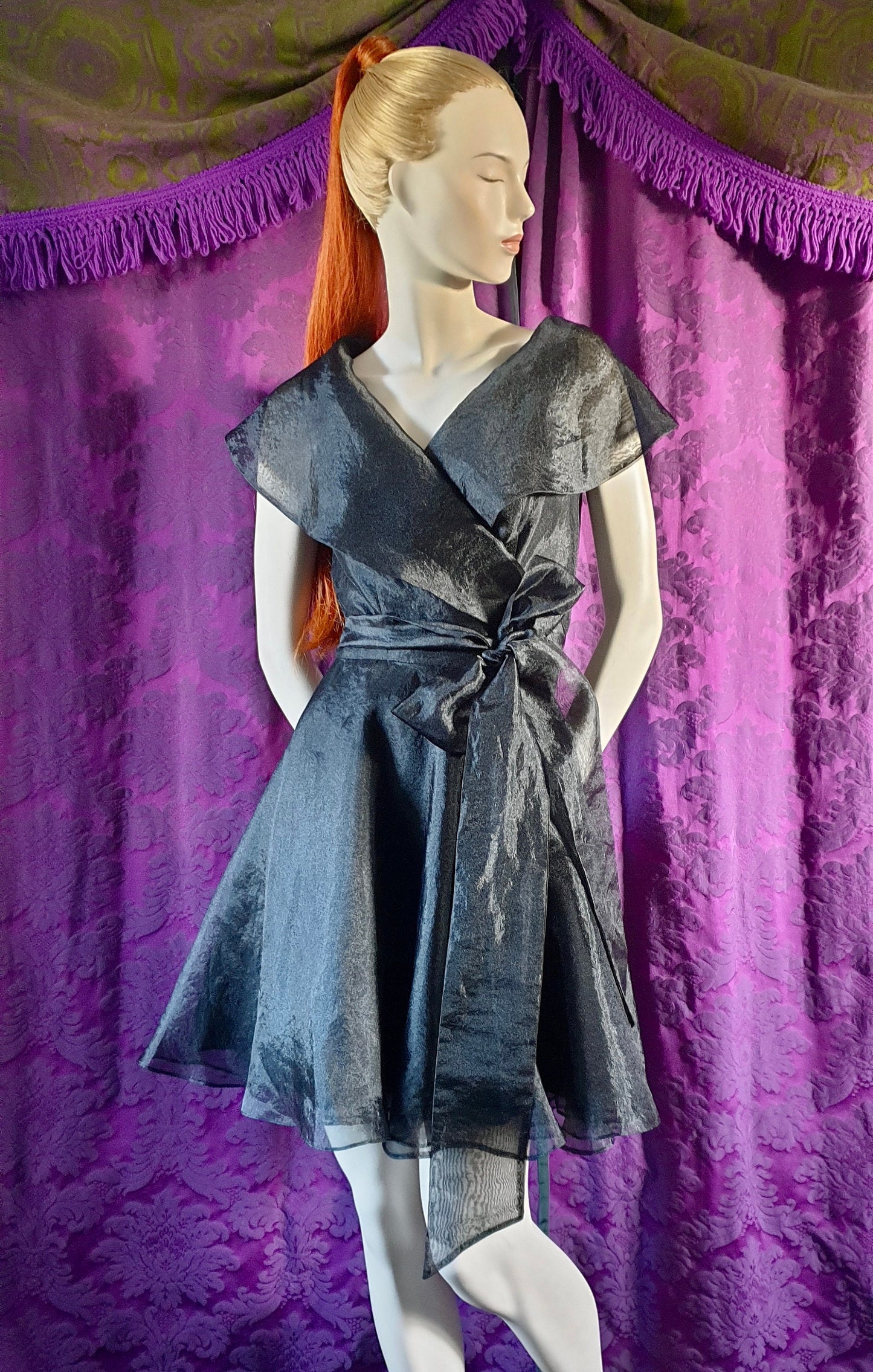 Black Shimmer Organza Y2K Gothic Wrap Dress