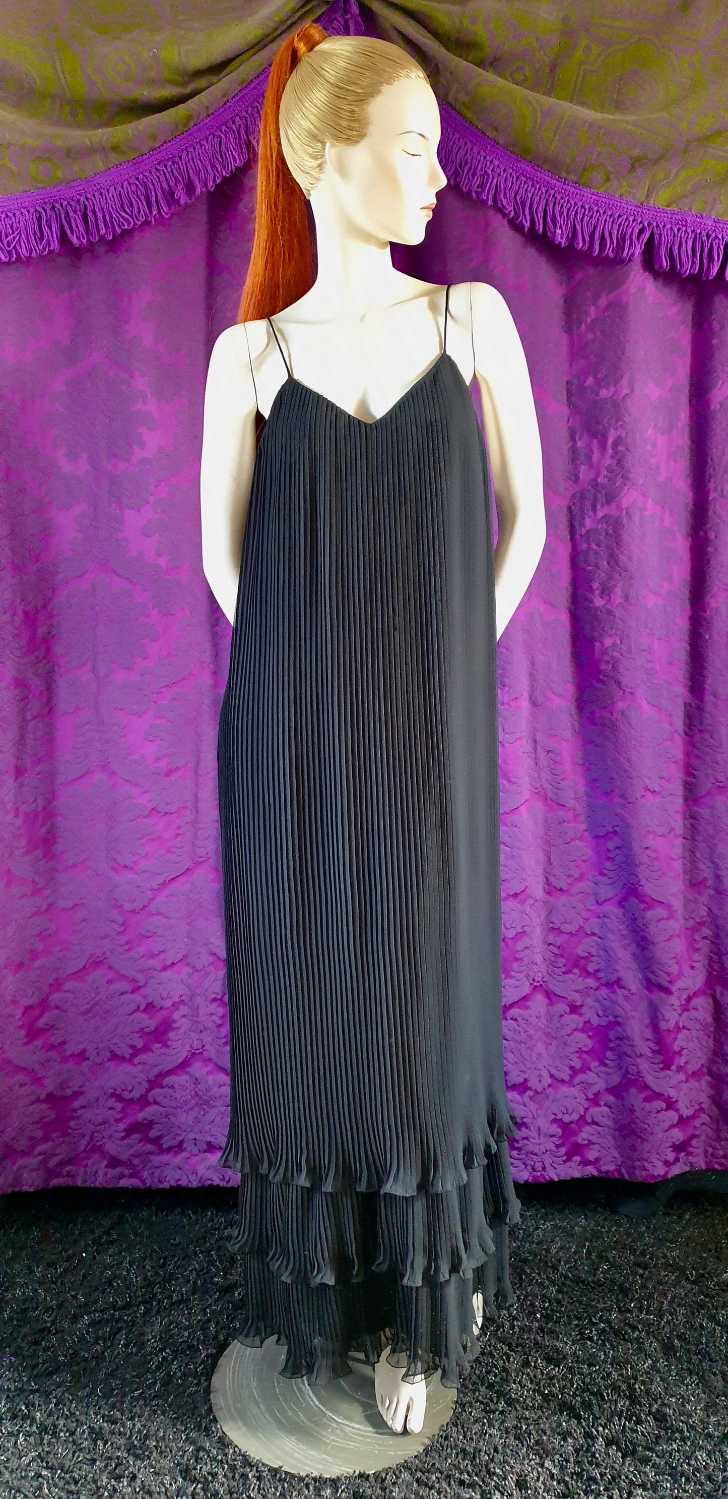 Vintage 1970s Layered Pleated Black Maxi Grecian Column Dress