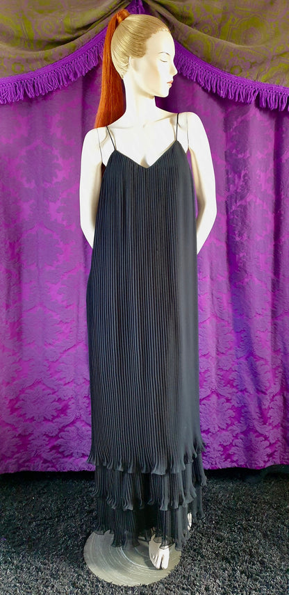 Vintage 1970s Layered Pleated Black Maxi Grecian Column Dress