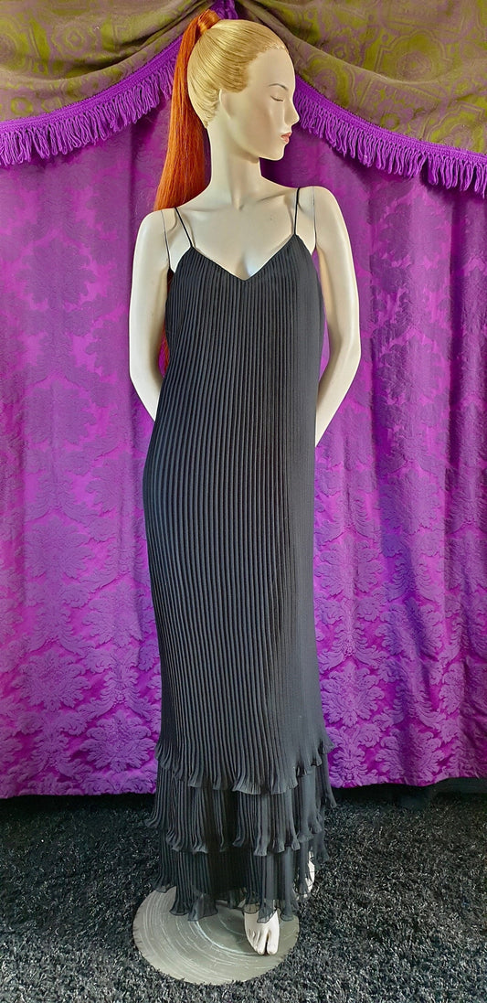 Vintage 1970s Layered Pleated Black Maxi Grecian Column Dress