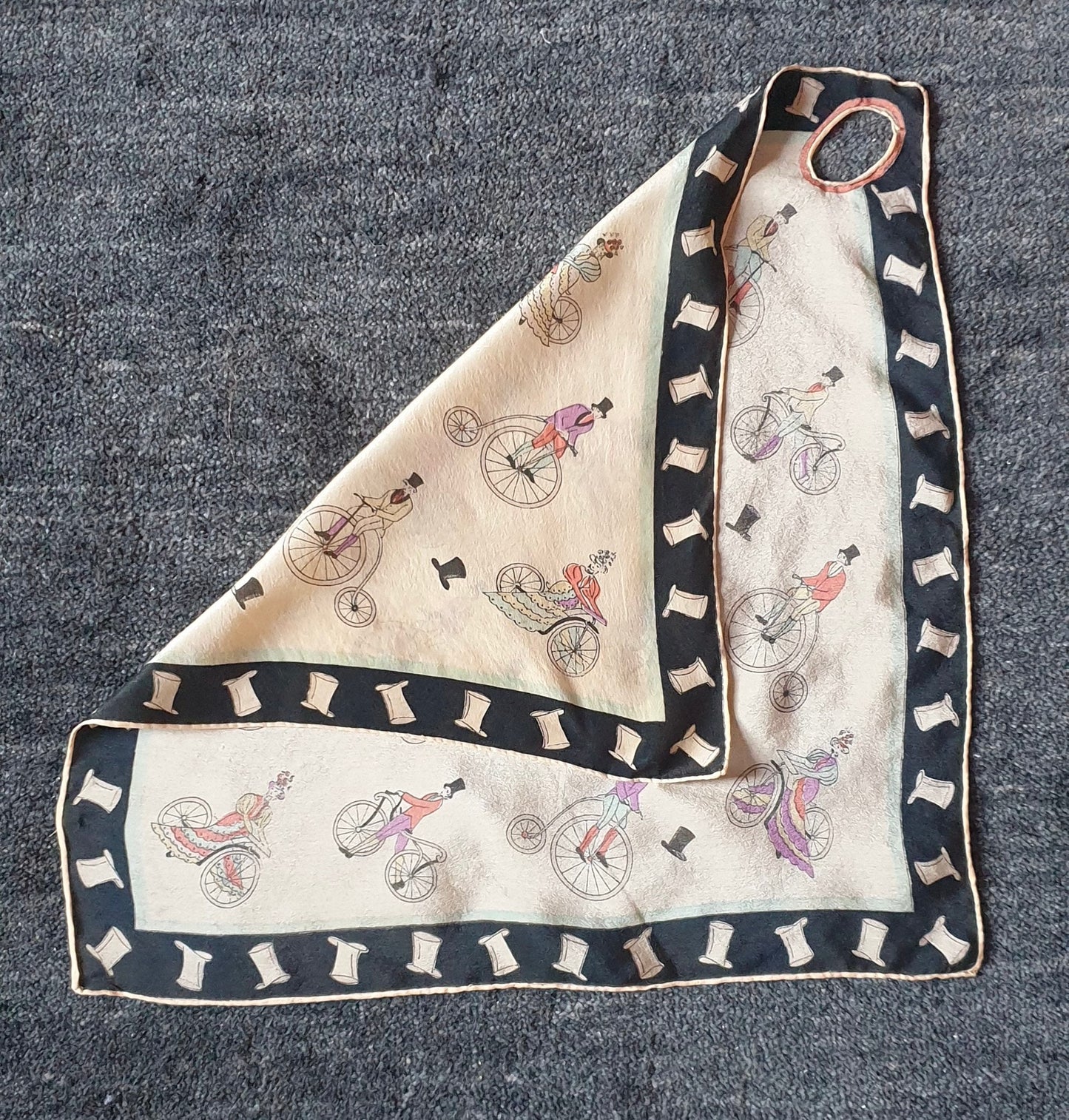 Vintage 1930s Victorian Cycling Theme Silk Handkerchief