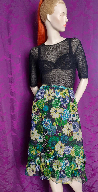 Vintage Psychedelic Floral Organza Ruffled Skirt