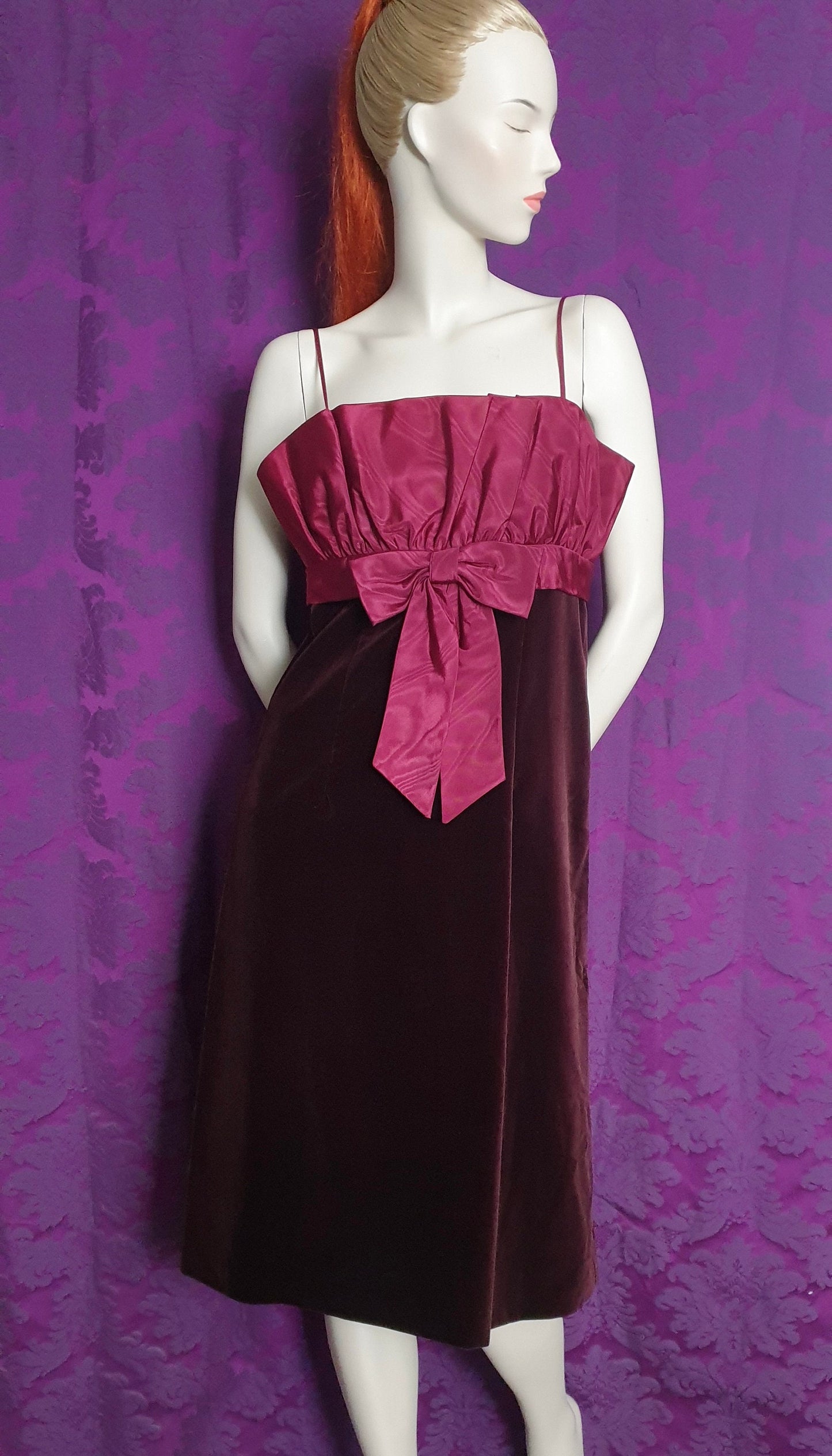 Vintage 1980s Maroon Velvet Ruffle and Bow Cocktail Dress