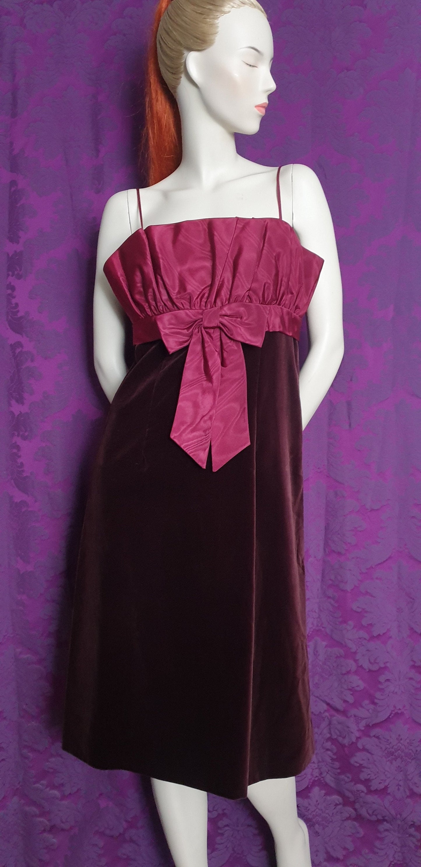 Vintage 1980s Maroon Velvet Ruffle and Bow Cocktail Dress