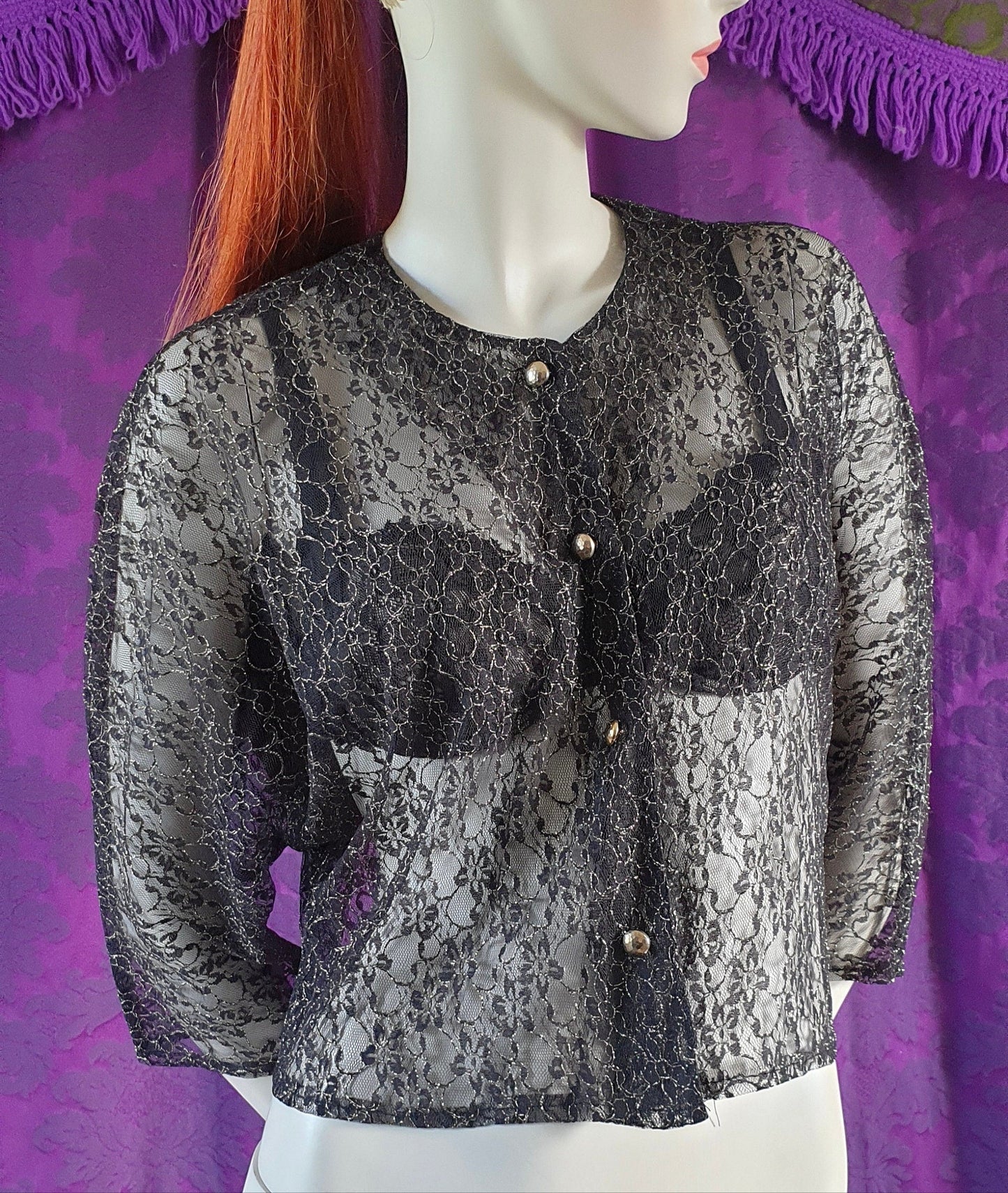 Vintage 1980s Black & Gold Lace Blouse