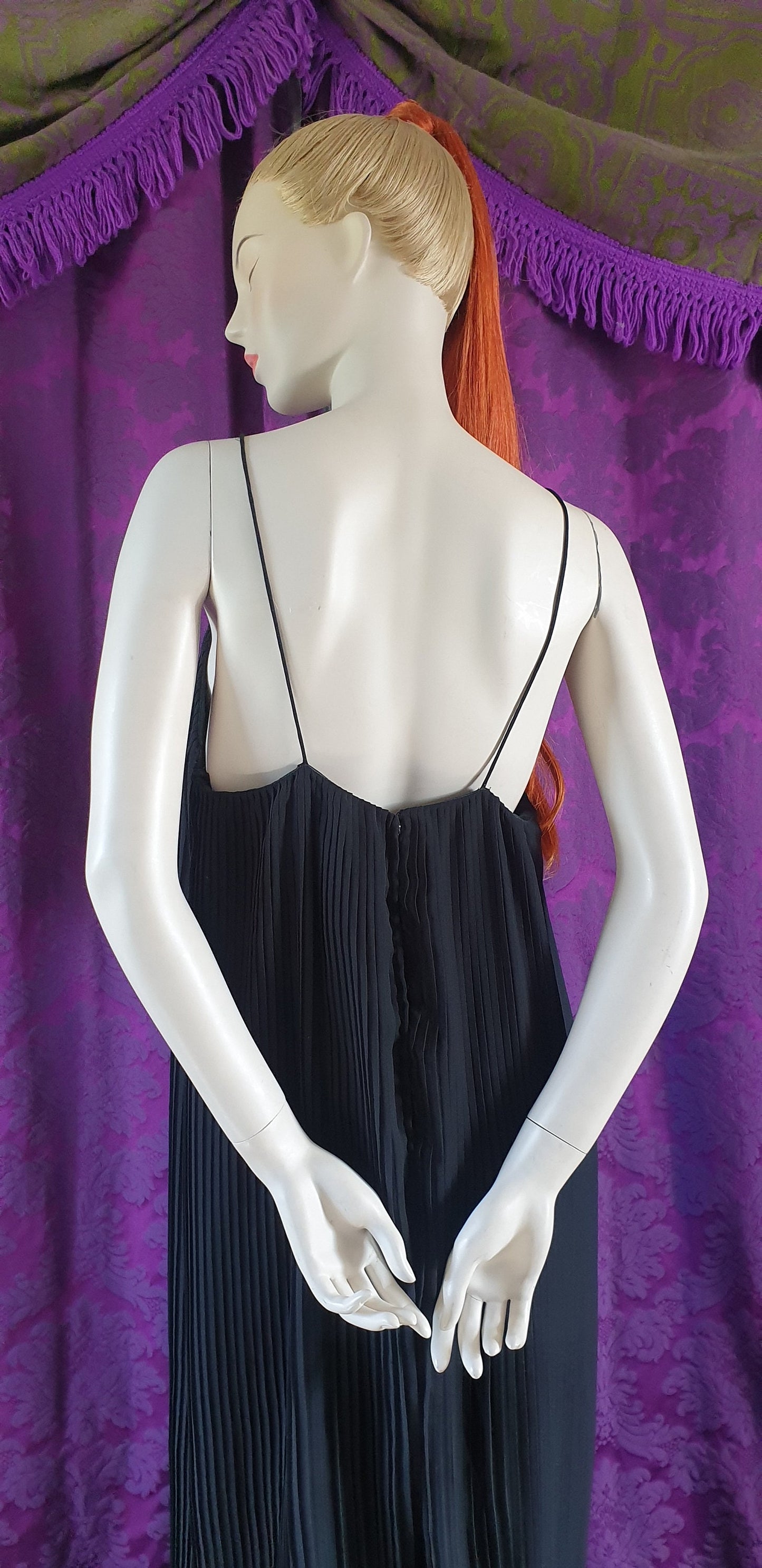 Vintage 1970s Layered Pleated Black Maxi Grecian Column Dress
