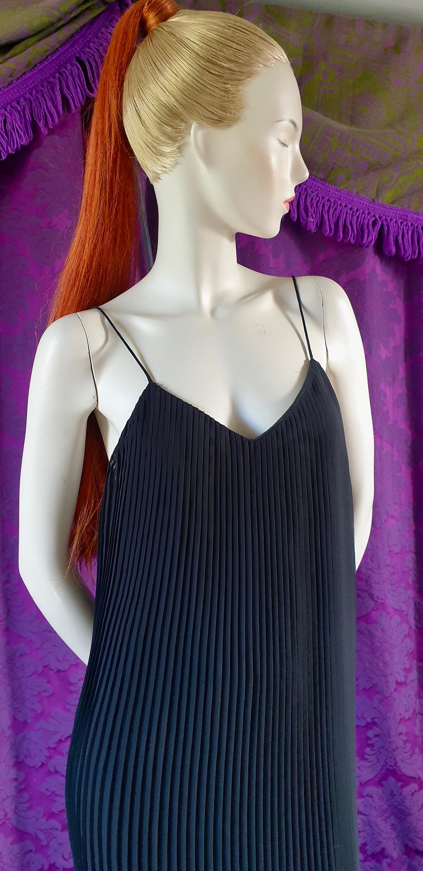 Vintage 1970s Layered Pleated Black Maxi Grecian Column Dress