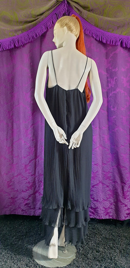 Vintage 1970s Layered Pleated Black Maxi Grecian Column Dress