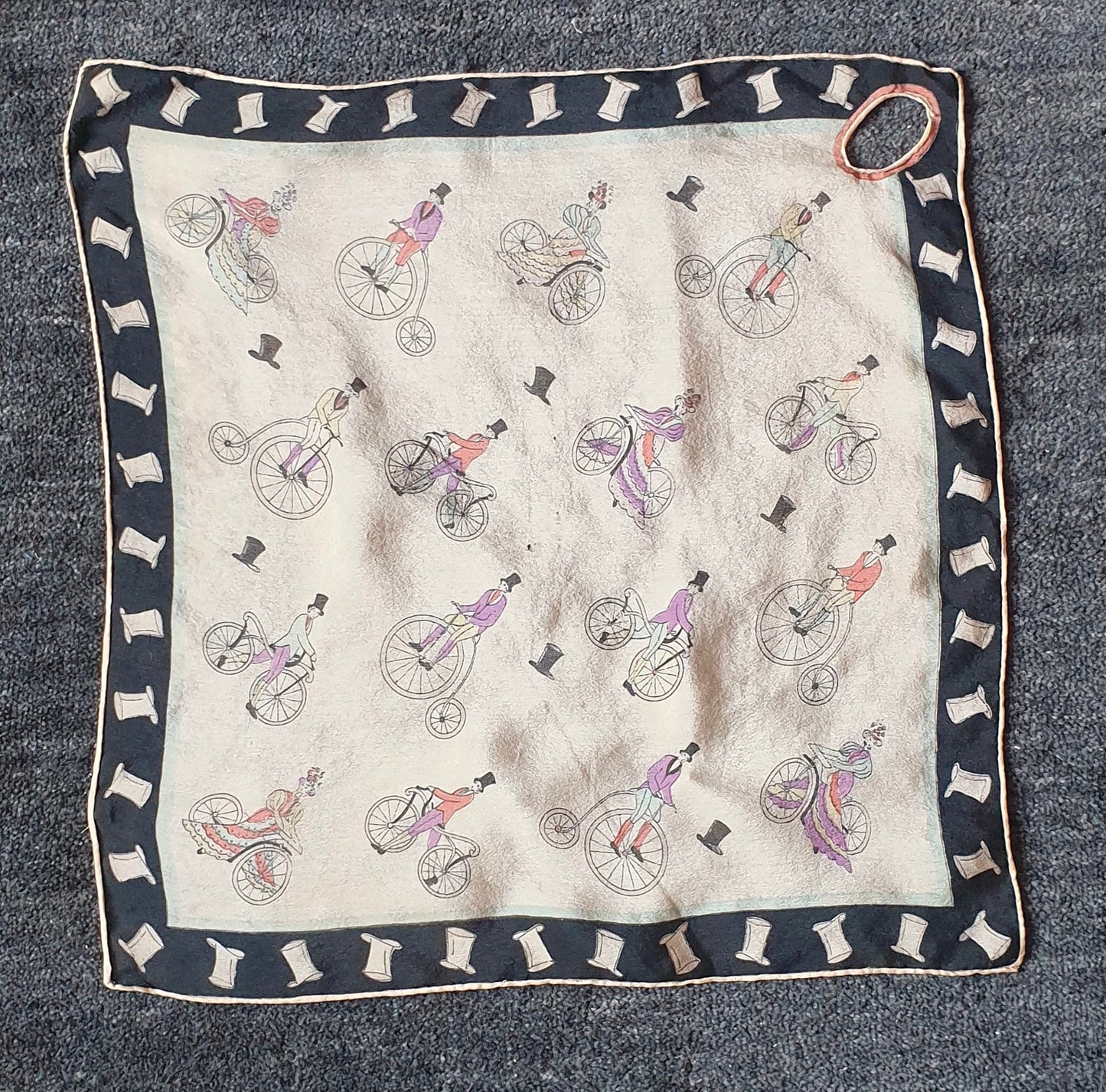 Vintage 1930s Victorian Cycling Theme Silk Handkerchief