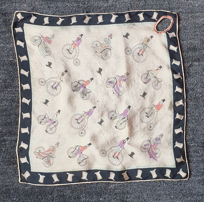 Vintage 1930s Victorian Cycling Theme Silk Handkerchief