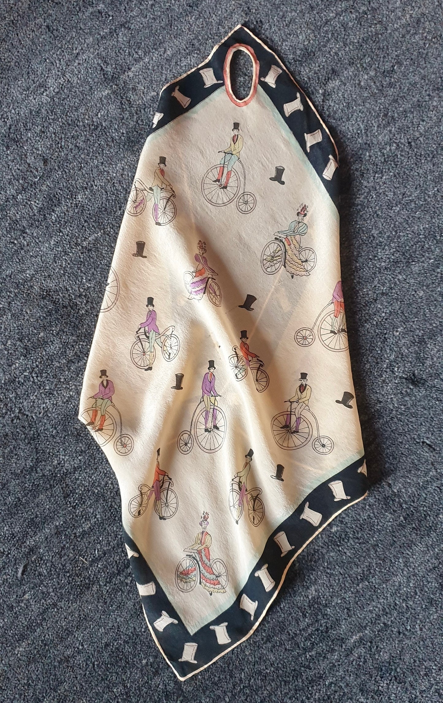Vintage 1930s Victorian Cycling Theme Silk Handkerchief
