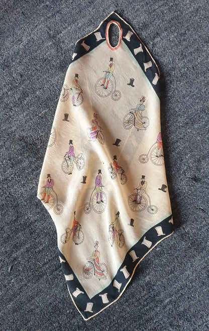 Vintage 1930s Victorian Cycling Theme Silk Handkerchief
