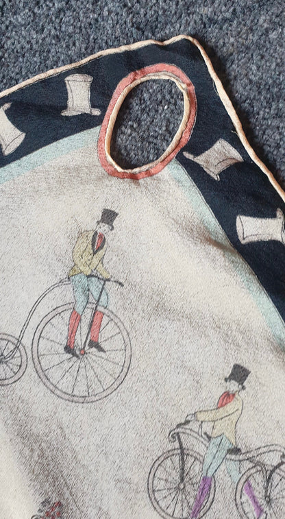 Vintage 1930s Victorian Cycling Theme Silk Handkerchief