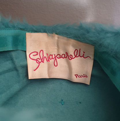 Schiaparelli Paris 1960s Teal Fluffy Felt Hat