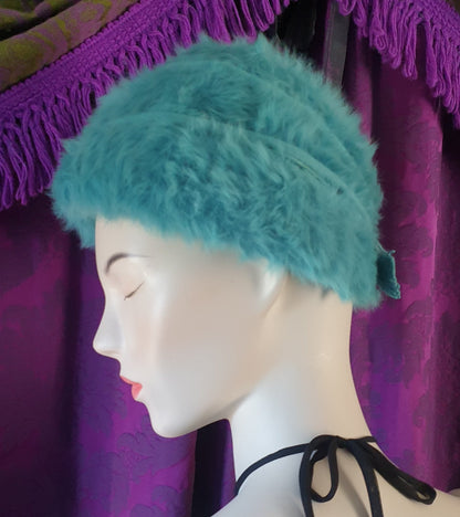 Schiaparelli Paris 1960s Teal Fluffy Felt Hat