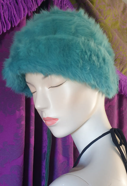 Schiaparelli Paris 1960s Teal Fluffy Felt Hat