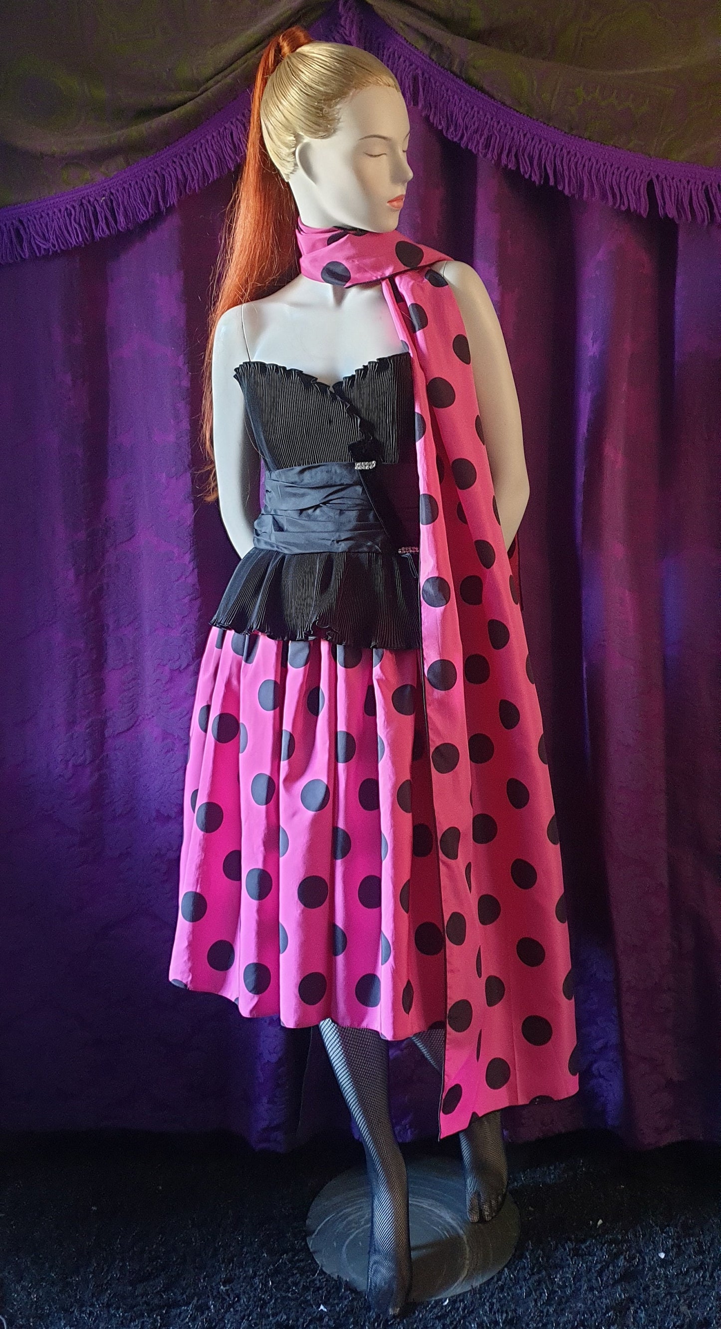 Vintage 1980s Hot Pink Polka Dot Ballgown by Trina Lewis and Marjon Couture
