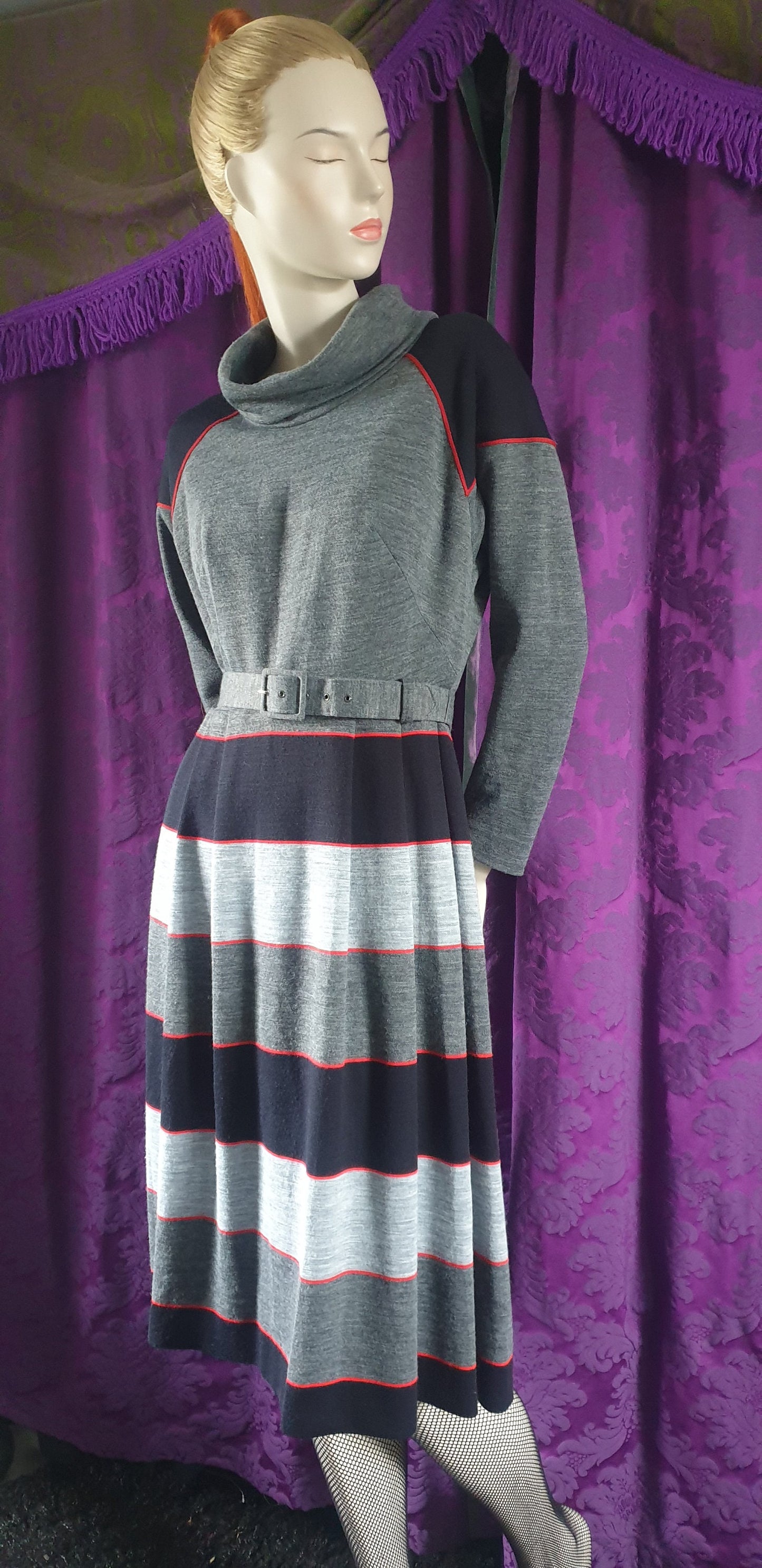 Vintage 1980s Striped Skirt Batwing Sleeve Dress