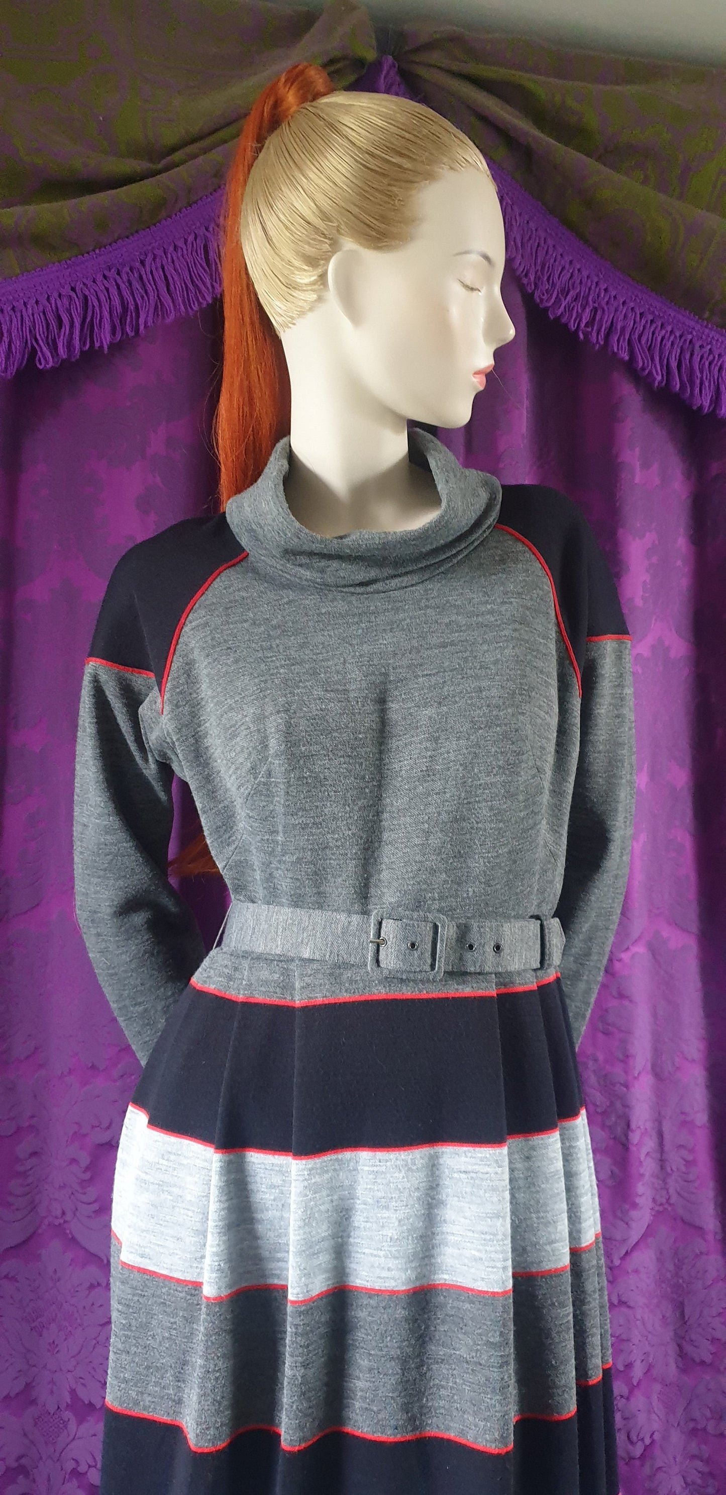 Vintage 1980s Striped Skirt Batwing Sleeve Dress