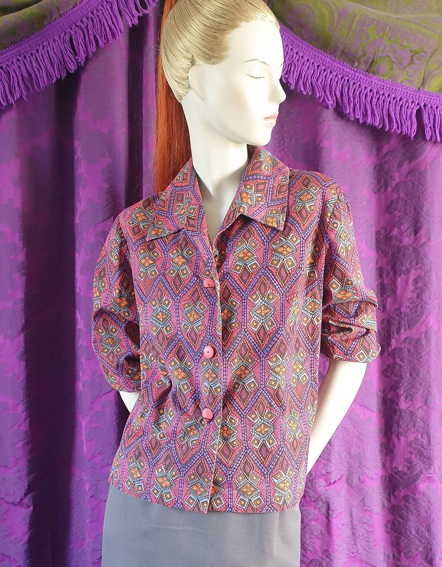 Vintage 1960s Cotton Tiki Print Blouse