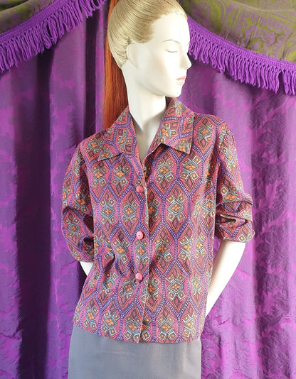 Vintage 1960s Cotton Tiki Print Blouse