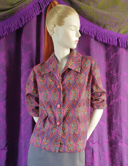 Vintage 1960s Cotton Tiki Print Blouse