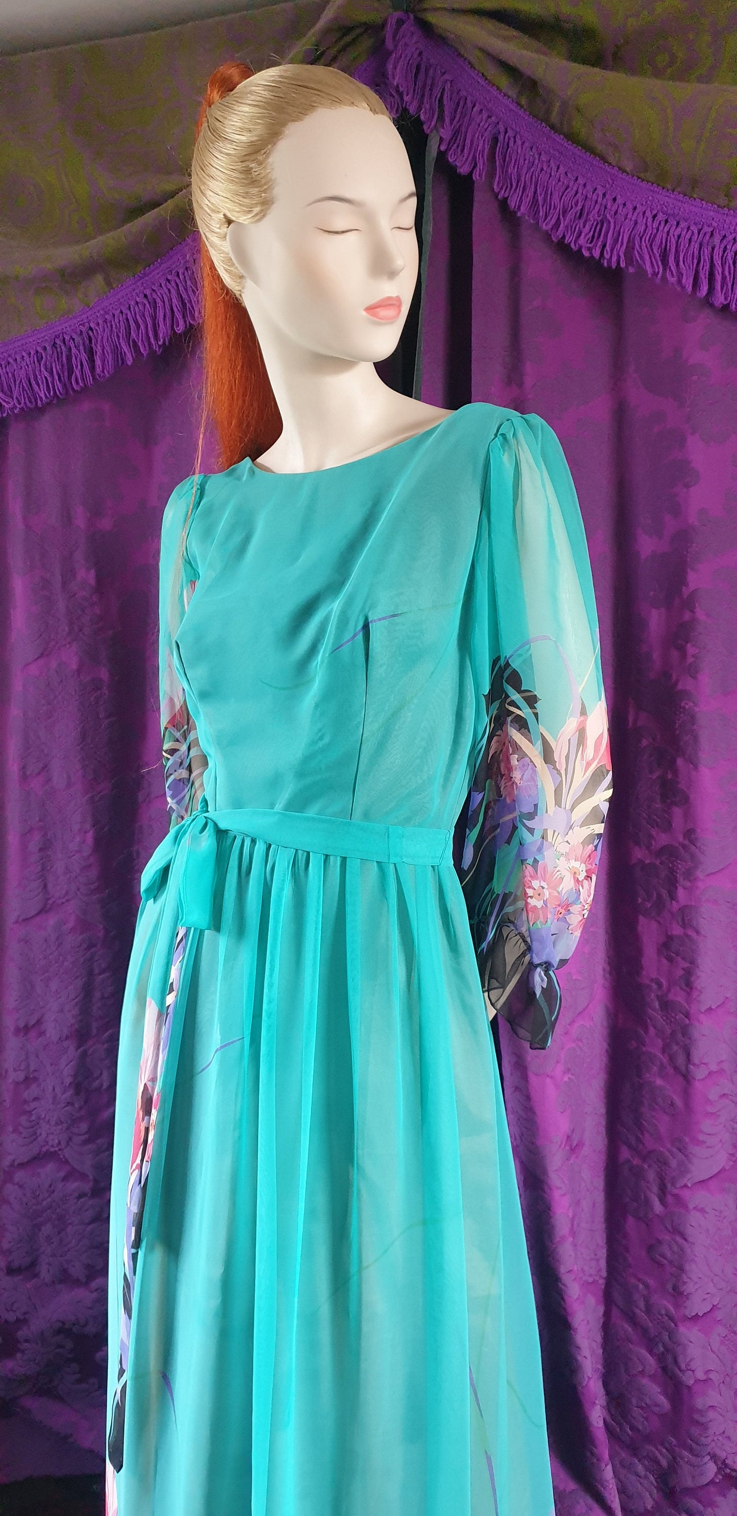Vintage 1970s Floral Fantasy Chiffon Gown